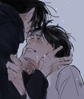 2boys a4895star black_eyes black_hair clenched_teeth crying crying_with_eyes_open distress flustered grabbing_another&#039;s_chin hand_on_another&#039;s_chin head_grab highres kim_dokja looking_at_another multiple_boys omniscient_reader&#039;s_viewpoint scar scar_on_hand short_hair shoulder_grab snow tears teeth upper_body yaoi yoo_joonghyuk