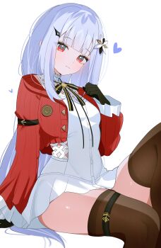 1girl :3 absurdres black_gloves black_ribbon blue_hair breasts brown_thighhighs cardigan commentary dress flower freesia_(stella_sora) freesia_(the_gift_of_falling_snow)_(stella_sora) gloves hair_flower hair_ornament heart highres invisible_chair knee_up light_smile long_hair long_sleeves looking_at_viewer microdress neck_ribbon official_alternate_costume open_cardigan open_clothes red_cardigan red_eyes ribbon shusuchii simple_background sitting small_breasts solo stella_sora symbol-only_commentary thighhighs very_long_hair white_background white_dress white_flower