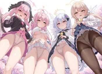 4girls ahoge angel_wings azusa_(blue_archive) bare_shoulders beret black_dress black_sailor_collar black_shirt black_wings blue_archive blue_sailor_collar blue_skirt blush bow bow_panties bowtie braid breasts brown_eyes brown_hair brown_pantyhose buttons closed_mouth clothes_lift commentary_request crop_top crop_top_overhang cropped_shirt crossed_bangs crotch_seam disgust double-breasted dress feathered_wings flower from_below gluteal_fold green_eyes group_picture hair_between_eyes hair_bow hair_flower hair_ornament hair_ribbon halo hanako_(blue_archive) hat head_wings hifumi_(blue_archive) highres iya_na_kao_sare_nagara_opantsu_misete_moraitai jacket koharu_(blue_archive) lace lace_panties large_breasts lifting_own_clothes lineup loli long_hair long_sleeves looking_at_viewer looking_down low_twintails low_wings milkshakework miniskirt multi-strapped_panties multiple_girls neckerchief off_shoulder open_clothes open_jacket open_mouth panties panties_under_pantyhose pantyhose petticoat pink_bow pink_eyes pink_hair pink_neckerchief pink_skirt pleated_skirt polka_dot polka_dot_panties purple_eyes ribbon sailor_collar shirt short_sleeves side_braid skirt skirt_lift sleeve_cuffs small_breasts smile thigh_gap thighband_pantyhose thighs twintails underboob underwear upskirt white_hair white_jacket white_panties white_sailor_collar white_shirt white_skirt white_wings wing_hair_ornament wings yellow_bow yellow_neckerchief