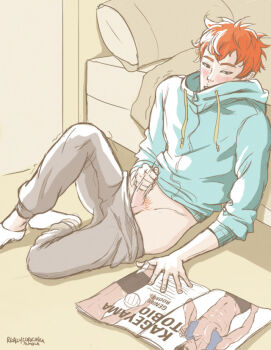 1boy bed haikyuu!! hinata_shouyou hood hoodie kageyama_tobio magazine_(object) male_masturbation masturbation on_floor pants reallycorking solo sweatpants