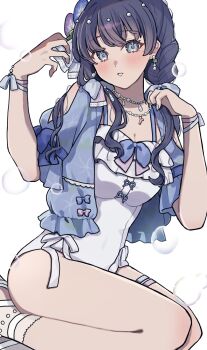 1girl bare_shoulders bead_necklace beads blue_eyes blue_flower blue_hair blue_jacket blue_moment_(love_live!) blush breasts cleavage feet_out_of_frame flower frilled_one-piece_swimsuit frills hair_flower hair_ornament hair_over_shoulder highres jacket jacket_over_swimsuit jewelry lilac_(li_lac_3) link!_like!_love_live! long_hair looking_at_viewer love_live! low_twintails medium_breasts murano_sayaka necklace official_alternate_costume one-piece_swimsuit open_clothes open_jacket parted_lips purple_flower seiza short-sleeved_jacket short_sleeves simple_background sitting solo stirrup_footwear swimsuit thigh_strap twintails virtual_youtuber white_background white_one-piece_swimsuit