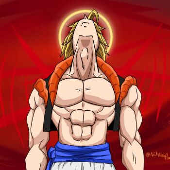 1boy black_jacket blonde_hair dragon_ball dragonball_z gogeta jacket looking_up nickroseflow red_background super_saiyan super_saiyan_1