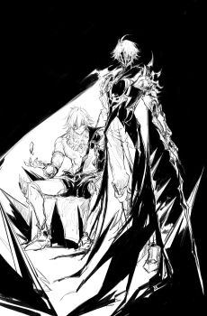 2boys absurdres antenna_hair armlet armored_boots black_coat black_pants boots braid chinese_commentary clawed_gauntlets coat commentary_request crystal earrings flame_reaver_of_the_deepest_dark greyscale highres holding holding_sword holding_weapon honkai:_star_rail honkai_(series) jewelry kylesaroyan2 male_focus mask medium_hair monochrome multiple_boys mydei_(honkai:_star_rail) necklace open_clothes open_coat pants phainon_(honkai:_star_rail) side_braid sitting sword weapon white_hair white_pants