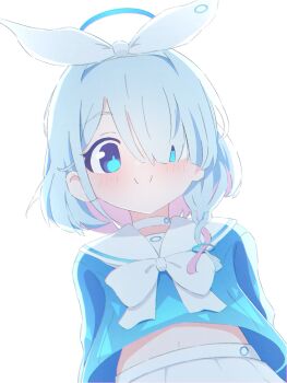 1girl arona_(blue_archive) blue_archive blue_eyes blue_hair blue_halo blue_pupils blue_shirt blush bow bow_hairband bowtie braid c: choker closed_mouth commentary_request cropped_shirt dutch_angle from_below hair_bow hair_over_one_eye hair_over_shoulder hairband halo highres kosazi_kohi looking_at_viewer medium_hair midriff navel no_nose one_eye_covered partial_commentary sailor_collar shirt short_braid side_braid simple_background single_braid skirt smile solo split_mouth straight-on swept_bangs tareme upper_body white_background white_bow white_bowtie white_choker white_hairband white_sailor_collar white_skirt