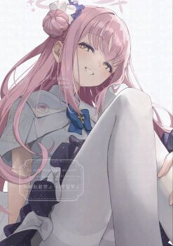 Rule 34 | 1girl, angel wings, blue archive, blue bow, bow, buttons, capelet, commentary request, crescent, double-breasted, dress, feathered wings, flower, gold trim, grey background, hair bun, hair flower, hair ornament, halo, highres, korokoro nekoz, long hair, looking at viewer, low wings, mika (blue archive), pantyhose, pink hair, pink halo, single hair bun, single side bun, smile, solo, teeth, watermark, white capelet, white dress, white pantyhose, white wings, wing ornament, wings, yellow eyes