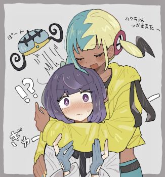 Rule 34 | !?, 2girls, black hair, blonde hair, blue gloves, blue hair, blue nails, blush, bob cut, canari (pokemon), closed eyes, closed mouth, coat, commentary request, cropped torso, dark-skinned female, dark skin, gloves, grey background, gwynn (pokemon), han0579, hat launch, height difference, highres, hug, hug from behind, interracial, jacket, long sleeves, looking at viewer, multicolored hair, multicolored nails, multiple girls, nintendo, open mouth, partially fingerless gloves, pokemon, pokemon legends: z-a, purple eyes, purple hair, short hair, split-color hair, sweatdrop, translation request, twintails, two-tone nails, upper body, white coat, yellow jacket, yellow nails, yuri