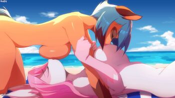 2girls 69 animal_ears animal_nose animated animated_gif arm_grab artist_name beach blue_hair blue_sky body_fur brand_new_animal breast_sucking breasts brown_fur closed_eyes cloud completely_nude fox_ears fox_girl furry furry_female furry_with_furry highres hiwatashi_nazuna kagemori_michiru large_breasts long_hair lying multiple_girls mutual_breast_sucking nude ocean on_back outdoors pink_fur pink_hair raccoon_ears raccoon_girl raccoon_tail short_hair signature sky snout sunlight tail tanuki viejillox yuri