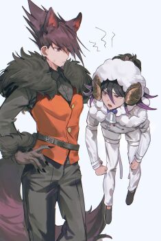 2boys absurdres animal_costume animal_ears animal_hood bell black_hair bojue_(hakus_1128) buttons danganronpa_(series) danganronpa_v3:_killing_harmony facial_hair flipped_hair goatee hair_between_eyes halloween halloween_costume hand_on_own_hip highres hood horns lifting_person long_sleeves looking_at_another male_focus midair momota_kaito multiple_boys neck_bell oma_kokichi open_mouth pants purple_eyes purple_facial_hair purple_hair sheep_boy sheep_costume sheep_hood sheep_horns shirt short_hair simple_background size_difference spiked_hair standing tail werewolf white_background wolf_boy wolf_ears wolf_tail