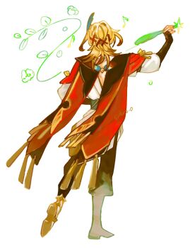 arm_up black_bridal_gauntlets black_pants blonde_hair bridal_gauntlets coat feather_hair_ornament feathers flower from_behind full_body genshin_impact hair_ornament highres holding holding_quill kaveh_(genshin_impact) leaf medium_hair ohr0_0 pants plant quill red_coat shirt simple_background standing vines white_background white_shirt