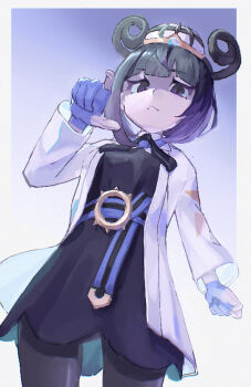 1girl absurdres belt black_dress black_hair blue_gloves blunt_bangs bob_cut closed_mouth coat dress frown gloves gradient_hair gwynn_(pokemon) hat highres long_sleeves looking_at_viewer mega_stone multicolored_hair nintendo o-ring o-ring_belt open_clothes open_coat pantyhose partially_fingerless_gloves pointing pointing_at_viewer pokemon pokemon_legends:_z-a purple_eyes purple_hair rasoso_(wyzx4524) short_hair solo two-tone_belt white_coat
