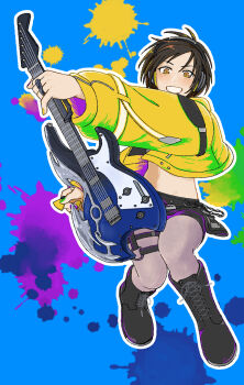 1girl black_boots black_skirt blue_background boots brown_eyes brown_hair coat cropped_coat final_fantasy final_fantasy_vii final_fantasy_vii_ever_crisis full_body green_nails grey_pantyhose grin guitar headphones holding holding_guitar holding_instrument holding_plectrum instrument jewelry midriff multicolored_nails multiple_rings nail_polish official_alternate_costume paint_splatter pantyhose plectrum purple_nails ring s_m_man short_hair skirt smile solo teeth yellow_coat yellow_nails yuffie_kisaragi yuffie_kisaragi_(rocker_outfit)