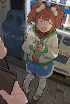 Rule 34 | 1girl, 1other, :d, blue skirt, can, closed eyes, commentary request, facing viewer, full body, highres, holding, holding can, holding wallet, hood, hooded jacket, idolmaster, idolmaster (classic), jacket, long sleeves, mugi tamago, open clothes, open jacket, open mouth, orange hair, outdoors, shoes, skirt, smile, socks, solo focus, standing, steam, takatsuki yayoi, twintails, vending machine, wallet