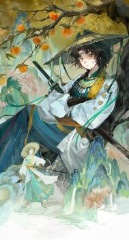 1girl absurdres black_hair braid changmingsuo chinese_clothes chinese_commentary commentary_request food fruit hanfu hat highres holding jewelry liang_yue_(reverse:1999) long_hair long_sleeves looking_at_viewer mountain necklace official_alternate_costume official_alternate_hairstyle persimmon reverse:1999 rice_hat sheath sitting sword tree weapon weibo_tang yellow_eyes