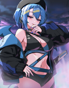 1girl alternate_costume bikini black_bikini black_hat black_jacket blonde_hair blue_bikini blue_hair blue_wings breasts commentary_request cowboy_shot demon_girl demon_wings duel_monster ebi_bento evil_twin_lil-la hat highres jacket large_breasts lil-la_(yu-gi-oh!) live_twin_lil-la multicolored_hair nail_polish purple_eyes solo streaked_hair swimsuit twintails two-tone_hair wings yu-gi-oh!