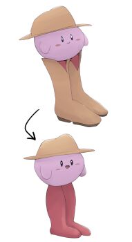 arrow_(symbol) barefoot blue_eyes blush_stickers boke-chan boots brown_footwear brown_hat closed_mouth cowboy_boots cowboy_hat cowboy_western feet full_body happy hat kirby kirby_(series) multiple_views nintendo no_humans open_mouth simple_background sketch smile standing what white_background