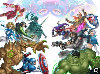 6+boys arc_reactor armor avengers_(series) black_hair black_jacket blonde_hair blue_bodysuit blue_eyes bodysuit breasts brown_hair bucky_barnes captain_america captain_america_(series) choker colored_skin crop_top doctor_strange facial_hair fantastic_four galactus gloves green_skin groot guardians_of_the_galaxy hela_(marvel) heterochromia horns hulk iron_man jacket jeff_(marvel) kuroi-tsuki long_hair luna_snow marvel marvel_rivals monster multicolored_bodysuit multicolored_hair multiple_boys multiple_girls muscular muscular_male navel open_mouth painterly psylocke psylocke_(sai) purple_hair sash shark shield short_hair shorts smile split-color_hair steve_rogers sue_storm superhero_costume sword teeth two-tone_bodysuit two-tone_hair waist_sash weapon white_bodysuit white_hair winter_soldier x-men