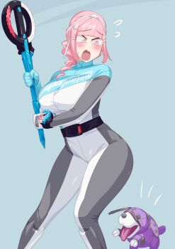 1girl absurdres bakuage_sentai_boonboomger blue_eyes bodysuit dog hashiriken highres holding holding_weapon nicola_keydoor no_headwear non-humanoid_robot otokamu pink_hair robot_animal robot_dog super_sentai sword tiara weapon