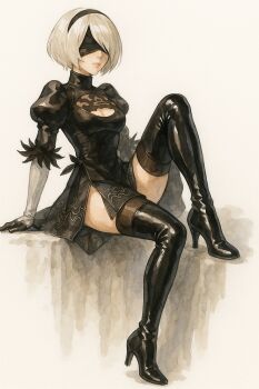 1girl 2b_(nier:automata) adog black_boots black_dress black_gloves black_hairband black_thighhighs blindfold boots breasts cleavage cleavage_cutout closed_mouth clothing_cutout covered_eyes dress feather-trimmed_sleeves gloves hairband highres mask medium_breasts nier:automata nier_(series) short_dress short_hair side_slit sitting solo thigh_boots thighhighs thighhighs_under_boots white_hair