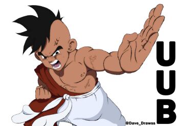 1boy anger_vein black_eyes black_hair dark-skinned_male dark_skin dragon_ball martial_arts muscular muscular_male nipples solo train uub white_background