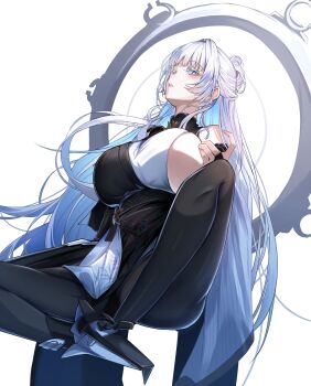 1girl absurdres black_pantyhose blue_eyes blush breasts commentary_request dress goddess_of_victory:_nikke high_heels highres huge_breasts kamishiro_noa long_hair looking_at_viewer nayuta_(nikke) pantyhose sideboob simple_background solo two-tone_dress very_long_hair white_background white_hair