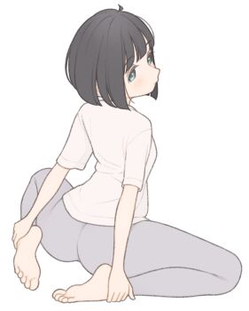 1girl 1ssakawaguchi absurdres ahoge aqua_eyes arms_behind_back ass barefoot black_hair blunt_bangs blunt_ends blush bob_cut breasts closed_mouth feet grey_leggings hand_on_ankle hands_on_feet highres ichika_(1ssakawaguchi) leggings light_blush looking_at_viewer looking_back on_ground original petite shirt short_hair short_sleeves simple_background sitting small_breasts soles solo spread_legs t-shirt toes turning_head white_background white_shirt wide_spread_legs