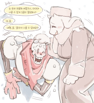 1boy 1girl ^_^ alternate_costume animal_ears bandana bandana_around_neck blank_eyes blush body_fur brown_coat brown_hat brown_scarf buried closed_eyes coat day embarrassed facing_another fang flying_sweatdrops from_side fur-trimmed_coat fur-trimmed_sleeves fur_hat fur_trim furry furry_female gloves goat_ears goat_girl goat_horns hand_on_another's_head hand_on_own_knee hand_up happy hat highres horns korean_text leaning_forward long_sleeves mature_female motion_lines nose_blush notice_lines one_eye_closed open_mouth outdoors papakha papyrus_(undertale) profile raised_eyebrows red_bandana red_gloves scarf skeleton skin_fang small_horns smile snow snow_on_head snowing speech_bubble standing stuck sweat taku_(taku_10288) talking teeth toriel translation_request undertale utdr_(toby_fox) white_background white_eyes white_fur winter winter_clothes