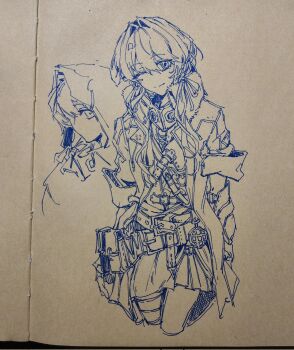 Rule 34 | 1girl, ;), blue theme, coat, commentary, cropped legs, english commentary, fur-trimmed coat, fur trim, hair intakes, hair ribbon, highres, hood, hood down, hood up, hooded coat, link! like! love live!, long hair, looking at viewer, love live!, low twintails, miniskirt, monochrome, monster hunter (series), monster hunter wilds, multiple views, murano sayaka, one eye closed, open clothes, open coat, pen (medium), photo (medium), pleated skirt, ribbon, short sleeves, skirt, smile, traditional media, twintails, virtual youtuber, yrxy settingsun