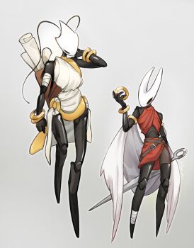 Rule 34 | 2girls, adapted costume, antennae, arthropod girl, bag, bandaged arm, bandaged leg, bandages, bare shoulders, belt, black eyes, black skin, bracelet, brown bag, brown belt, colored skin, commentary request, full body, grey background, highres, holding, holding weapon, hollow eyes, hollow knight, hollow knight: silksong, horned mask, hornet (hollow knight), horns, jewelry, looking at another, map (object), mask, multiple girls, needle (hollow knight), page white, shakra (hollow knight), shoulder bag, simple background, toga, weapon, white mask