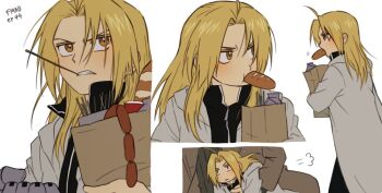 Rule 34 | 2boys, ahoge, bag, black jacket, black pants, blonde hair, bread, brown coat, brown eyes, clenched teeth, coat, edward elric, food, food in mouth, fullmetal alchemist, furrowed brow, grey coat, hashtag-only commentary, holding, holding bag, jacket, linked sausages, loaf of bread, long hair, male focus, mechanical arms, multiple boys, multiple views, pants, paper bag, parted bangs, single mechanical arm, teeth, tennnn001, white background