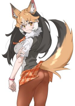 1girl :3 animal_ear_fluff animal_ears ass black_hair breasts brown_pantyhose commentary culpeo_(kemono_friends) extra_ears fox_ears fox_girl fox_tail from_behind fur_collar hair_between_eyes hand_on_own_arm highres kemono_friends large_breasts layered_sleeves long_hair long_sleeves looking_at_viewer looking_back miniskirt multicolored_hair neck_ribbon orange_eyes orange_hair orange_ribbon orange_skirt pantyhose plaid_clothes plaid_skirt pleated_skirt ribbon short_over_long_sleeves short_sleeves simple_background skirt smile solo tail tanabe_(fueisei) white_background white_hair wristband