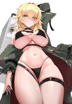 1girl absurdres arm_behind_head arm_up bare_shoulders belt bikini black_belt black_bikini black_choker blonde_hair breasts buttons choker cleavage closed_mouth collarbone commentary commission crossed_bangs english_commentary from_below gluteal_fold green_eyes green_jacket groin hair_between_eyes hair_intakes highleg highleg_bikini highres holding jacket large_breasts long_hair long_sleeves looking_at_viewer navel open_clothes open_jacket original pong_0012 scar scar_on_face sideboob simple_background single_off_shoulder solo standing stomach strap string_bikini swimsuit thighs two-sided_fabric two-sided_jacket underboob weapon_case white_background