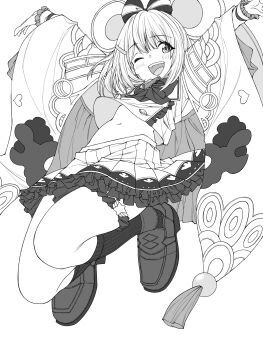 Rule 34 | 1girl, ;d, absurdres, animal ears, arms up, blush, bow, bowtie, commentary, frilled skirt, frills, full body, granblue fantasy, greyscale, hair bow, highres, isme, kneehighs, long sleeves, looking at viewer, monochrome, mouse ears, mouse girl, navel, one eye closed, open mouth, pleated skirt, shirt, shoes, short hair, simple background, skirt, smile, socks, solo, vikala (granblue fantasy), white background, wide sleeves