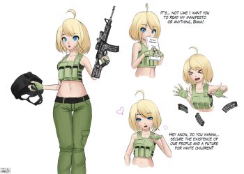 &gt;_&lt; 14 1girl :o ahoge ar-15 artist_name belt blonde_hair blue_eyes book brenton_tarrant commentary clumsy english_text fingerless_gloves gender_request genderswap gloves green_pants gun head_tilt heart helmet holding holding_book holding_unworn_helmet holding_weapon jay156 load_bearing_vest magazine_(weapon) midriff navel pants real_life rifle scope short_hair simple_background terrorist text_focus thigh_gap unworn_headwear unworn_helmet weapon white_background