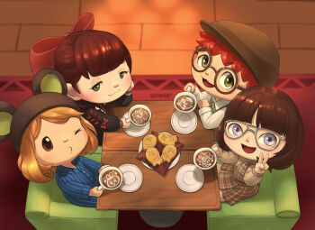 Rule 34 | 1boy, 3girls, :3, absurdres, animal crossing, blue shirt, bow, brewster (animal crossing), brown dress, brown hair, brown hat, character-themed food, commentary request, cup, dress, from above, glasses, green eyes, green necktie, hat, highres, hoishere7, holding, holding cup, korean commentary, long sleeves, multiple girls, necktie, nintendo, one eye closed, open mouth, plate, purple eyes, pursed lips, red bow, round eyewear, shirt, villager (animal crossing), white shirt
