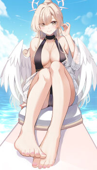 1girl bare_shoulders barefoot blue_archive blue_sky breasts brown_hair closed_mouth cloud earrings feathered_wings feet foot_focus halo hand_up highres jewelry konka large_breasts long_hair nagisa_(blue_archive) nagisa_(swimsuit)_(blue_archive) official_alternate_costume official_alternate_hairstyle outdoors pink_nails ponytail sitting sky smile solo swimsuit toes white_wings wings yellow_eyes