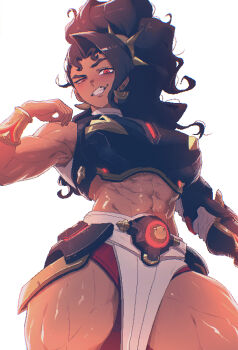 1girl abs absurdres black_hair blush breasts commentary_request dark-skinned_female dark_skin gold_bracer hair_ornament highres korean_commentary large_breasts long_hair looking_at_viewer midriff muscular muscular_female original ponytail red_eyes spoiledmuffin thighs toon_(style)