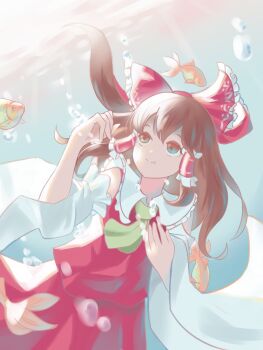 Rule 34 | 1girl, absurdres, air bubble, aqua background, ascot, bow, brown eyes, brown hair, bubble, collar, commentary request, cowboy shot, detached sleeves, fang wenshan, hair tubes, hakurei reimu, highres, holding breath, koi, light rays, long hair, looking up, red bow, red shirt, red skirt, shirt, skirt, solo, sunbeam, sunlight, touhou, underwater, white collar, yellow ascot