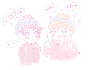 Rule 34 | ..., 2boys, animification, beanie, blue eyes, blue hat, blush, brown hair, buttons, english text, eric cartman, fang, hat, heterochromia, highres, male focus, multiple boys, open mouth, red shirt, rinrin (wuvpyon), shirt, short hair, south park, sparkle, speech bubble, spoken ellipsis, stan marsh, thought bubble, yaoi, yellow eyes