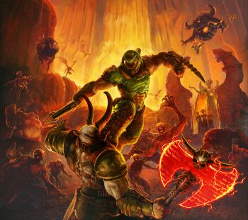 1boy 6+others absurdres action arm_blade armor axe baron_of_hell battle battle_axe bayonet biceps cacodemon demon doom_(series) doom_eternal doomguy double-barreled_shotgun dual_wielding energy_sword gargoyle_(doom_eternal) gun hell helmet highres holding horns imp_(doom) lost_soul_(doom) male_focus mancubus manly marauder_(doom_eternal) multiple-barrel_gun multiple_others official_art pain_elemental pinky_demon revenant_(doom) sawed-off_shotgun science_fiction shotgun shoulder_cannon side-by-side-barreled_shotgun sword weapon wrist_blade wrist_blades zombie zombieman_(doom)