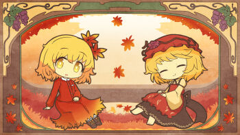 2girls :d aki_minoriko aki_shizuha akihiyo apron autumn_leaves barefoot black_skirt blonde_hair breast_pocket brown_shoes buttons chibi chibi_only closed_eyes collared_shirt commentary_request falling_leaves foliage food fruit grape_hat_ornament grapes hair_ornament hat highres leaf leaf_hair_ornament light_blush long_sleeves looking_at_viewer maple_leaf medium_hair mob_cap multiple_girls open_mouth pocket red_apron red_hat red_shirt red_skirt shirt shoes sitting skirt smile split_mouth touhou wheat_print yellow_eyes yellow_shirt