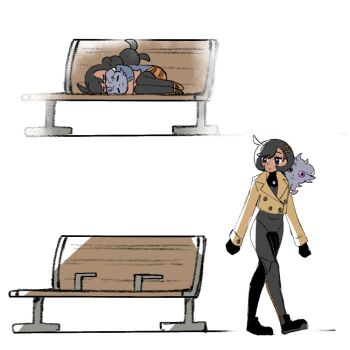 1girl 1other :/ age_progression before_and_after bench black_bodysuit black_hair black_pantyhose blue_eyes bodysuit bodysuit_under_clothes breasts brown_jacket closed_eyes closed_mouth curled_up dark-skinned_female dark_skin emma_(pokemon) espurr fetal_position full_body gen_6_pokemon gloves grey_sweater hair_ornament holding holding_pokemon hug jacket long_hair looking_at_viewer lying mega_stone nintendo on_bench on_shoulder on_side orange_shoes orange_skirt outdoors pantyhose patch pokemon pokemon_(creature) pokemon_legends:_z-a pokemon_on_shoulder pokemon_xy purple_eyes remembering shoes short_hair simple_background skirt sleeping sweater wanderjegson wide_hips wooden_bench