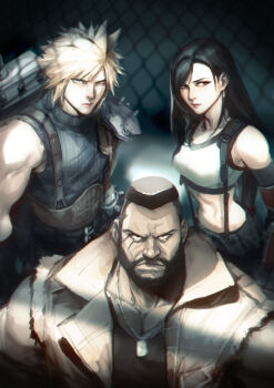 1girl 2boys absurdres armor artist_name bare_shoulders barret_wallace black_eyes black_gloves black_hair black_shirt black_skirt black_sports_bra blonde_hair blue_hair breasts brown_vest buster_sword closed_mouth cloud_strife collarbone crop_top dark-skinned_male dark_skin dog_tags elbow_gloves facial_hair final_fantasy final_fantasy_vii final_fantasy_vii_remake gloves hair_behind_ear highres indoors long_hair looking_at_viewer medium_breasts midriff multiple_boys red_eyes scar scar_on_face serious shirt short_hair shoulder_armor single_bare_shoulder skirt sleeveless sleeveless_turtleneck spiked_hair sports_bra spykeee suspender_skirt suspenders sweater swept_bangs tank_top tifa_lockhart turtleneck turtleneck_sweater upper_body vest watermark weapon weapon_on_back white_tank_top