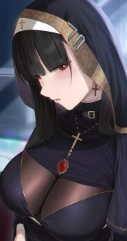 1girl absurdres alternate_costume black_hair blue_archive cross cross_earrings earrings halo highres jewelry latin_cross long_sleeves looking_at_viewer own_hands_together parted_lips red_eyes rio_(blue_archive) see-through_clothes solo twitter veil yamikyon