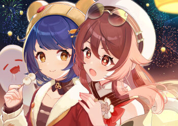 2girls animal_hat blue_hair boo_tao_(genshin_impact) brown_hair chinese_clothes closed_mouth commentary_request eyewear_on_head fireworks flower-shaped_pupils food fukaya_miku genshin_impact hat holding holding_food hu_tao_(cherries_snow-laden)_(genshin_impact) hu_tao_(genshin_impact) jacket long_hair long_sleeves multiple_girls official_alternate_costume open_mouth red_eyes red_jacket round_eyewear short_hair symbol-shaped_pupils tinted_eyewear white_hat xiangling_(genshin_impact) xiangling_(new_year's_cheer)_(genshin_impact) yellow_eyes yellow_hat