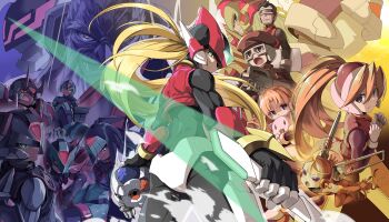 4girls 6+boys absurdres alouette_(mega_man) android armor blonde_hair cerveau_(mega_man) copy_x_(mega_man) cowboy_shot crossed_legs cyber_elf_x_(mega_man) dr._weil_(mega_man) elpizo_(mega_man) energy_sword fairy_leviathan_(mega_man) fighting_fefnir_(mega_man) forehead_jewel from_behind glowing head-mounted_display helmet high_ponytail highres holding holding_stuffed_toy holding_sword holding_weapon long_hair looking_at_viewer looking_back mega_man_(series) mega_man_zero_(series) multiple_boys multiple_girls omega_(mega_man) pantheon_(mega_man) pink_shirt ponytail red_armor red_helmet sage_harpuia_(mega_man) scarf shirt sitting stuffed_animal stuffed_cat stuffed_toy sword throne weapon x_(mega_man) z_saber zelitto zero(z)_(mega_man) zero_(mega_man)