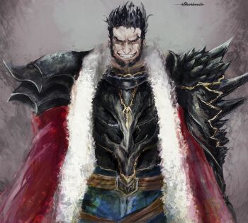 Rule 34 | 1boy, armor, artist name, ashnard (fire emblem), beard, cape, commentary, english commentary, evil grin, evil smile, facial hair, fire emblem, fire emblem: path of radiance, fur-trimmed cape, fur trim, grin, highres, male focus, nintendo, sephilash, short hair, smile, solo