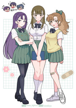 3boys 3girls ankle_socks arms_behind_back artist_name bandage_on_face bandages bandaid bandaid_on_knee bandaid_on_leg black_bow black_bowtie black_pantyhose black_shoes book bow bowtie breasts buttons character_request chibi chibi_inset closed_mouth collared_shirt commentary_request crossed_arms double-breasted expressionless full_body genderswap genderswap_(mtf) green_bow green_skirt green_vest grid_background hair_bow holding holding_book kneehighs large_breasts loafers long_hair looking_at_viewer mary_janes medium_breasts multiple_boys multiple_girls nightcat open_mouth own_hands_together pantyhose pleated_skirt ponytail purple_eyes purple_hair rakudai_ninja_rantarou school_uniform shirt shoes short_sleeves skirt smile sneakers socks sweater_vest teeth upper_teeth_only very_long_hair vest white_background white_shirt white_shoes white_socks yellow_sweater_vest