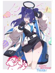 Rule 34 | 1boy, 1girl, ^ ^, absurdres, aroused nosebleed, black gloves, black jacket, black skirt, blood, blue archive, blue necktie, cellphone, character name, closed eyes, coat, collared shirt, confetti, cropped legs, doodle sensei (blue archive), gloves, halo, happy birthday, highres, holding, holding phone, jacket, long hair, long sleeves, necktie, niunaigaoban, nosebleed, open clothes, open coat, open mouth, panties, party popper, phone, pouch, purple hair, sensei (blue archive), shirt, simple background, skirt, smartphone, smile, streamers, taking picture, thumbs up, two side up, underwear, white coat, white shirt, yuuka (blue archive)