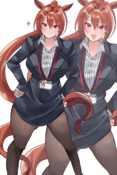 1girl :d animal_ears black_pantyhose black_suit breasts brown_hair brown_tail closed_mouth daiwa_scarlet_(umamusume) fang formal_clothes hair_between_eyes hair_intakes hands_on_own_hips highres horse_ears horse_girl horse_tail id_card lanyard large_breasts long_hair looking_at_viewer office_lady open_mouth pantyhose pink_eyes pinstripe_pattern pinstripe_shirt red_eyes riiko25chan shirt simple_background skin_fang smile solo striped_clothes striped_shirt suit tail umamusume vertical-striped_clothes vertical-striped_shirt very_long_hair white_background