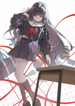 1girl black_choker black_jacket black_serafuku black_shirt black_skirt book breasts chisa_(wuthering_waves) choker closed_eyes closed_mouth commentary hair_ribbon hand_up highres jacket long_hair medium_breasts neckerchief red_neckerchief red_ribbon ribbon sailor_collar school_uniform serafuku shirt skirt solo twitter_username white_sailor_collar wuthering_waves zeradok